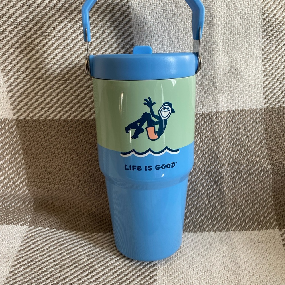 Life Is Good Blue and Green Stainless Steel Tumbler with handle